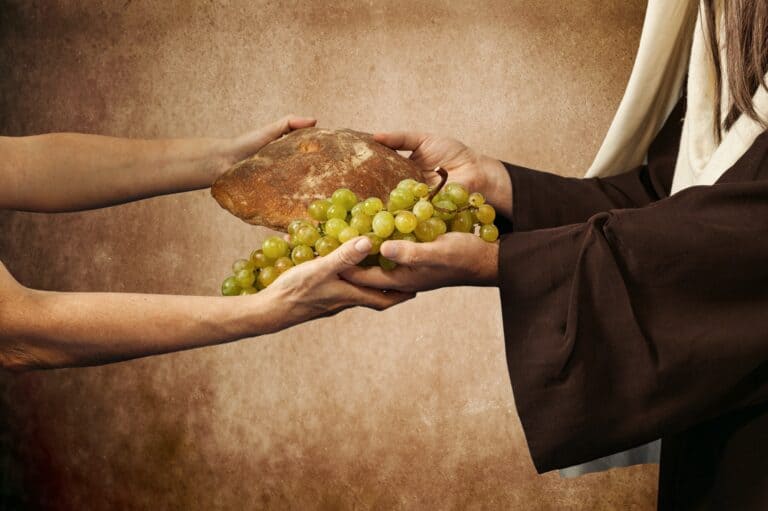 Jesus sharing bread grapes helping others in need