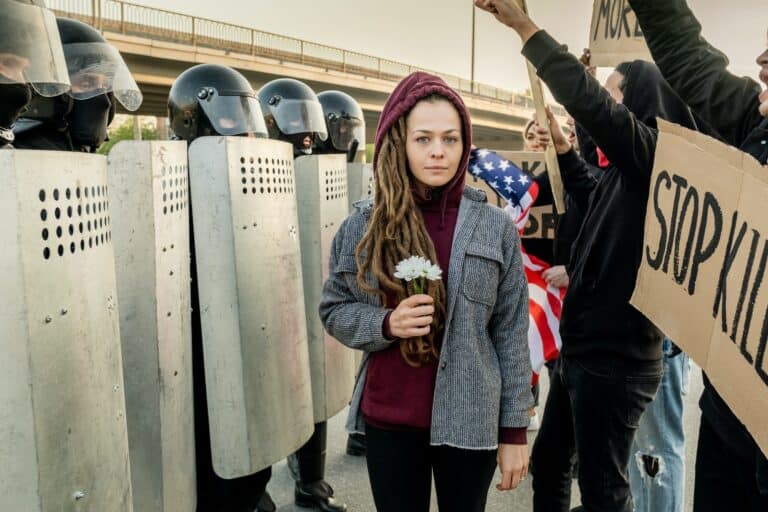 Woman holding a flower between protestors and Riot Police